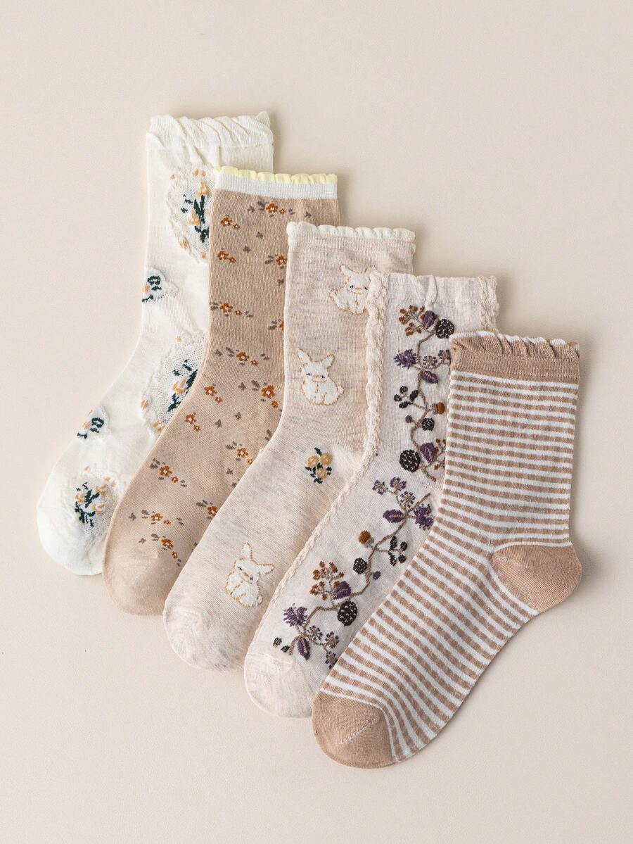 1/5 双透气、可爱、弹性舒适兔子、碎花、条纹图案蕾丝边中筒袜，适合春夏季女士 - 彩色 - 查看 1