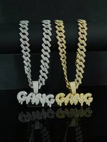 1 件欧美品牌“GANG”英文字母水钻吊坠项链，嘻哈男士日常配饰