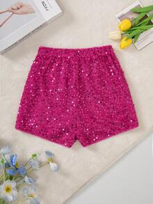 Tween Girls Fashionable Casual Sequin Embellished Shorts, Summer - Hot Pink - View 2
