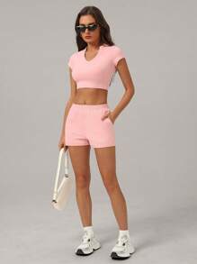 MASKERT Frühjahr und Sommer Damen Zweiteiler Trainingsanzüge Sportbekleidung für Frauen Set T-Shirt Set Fitness Anzug Lauf Trainingsanzug Zuhause Lässig Komfortabel und hautfreundlich