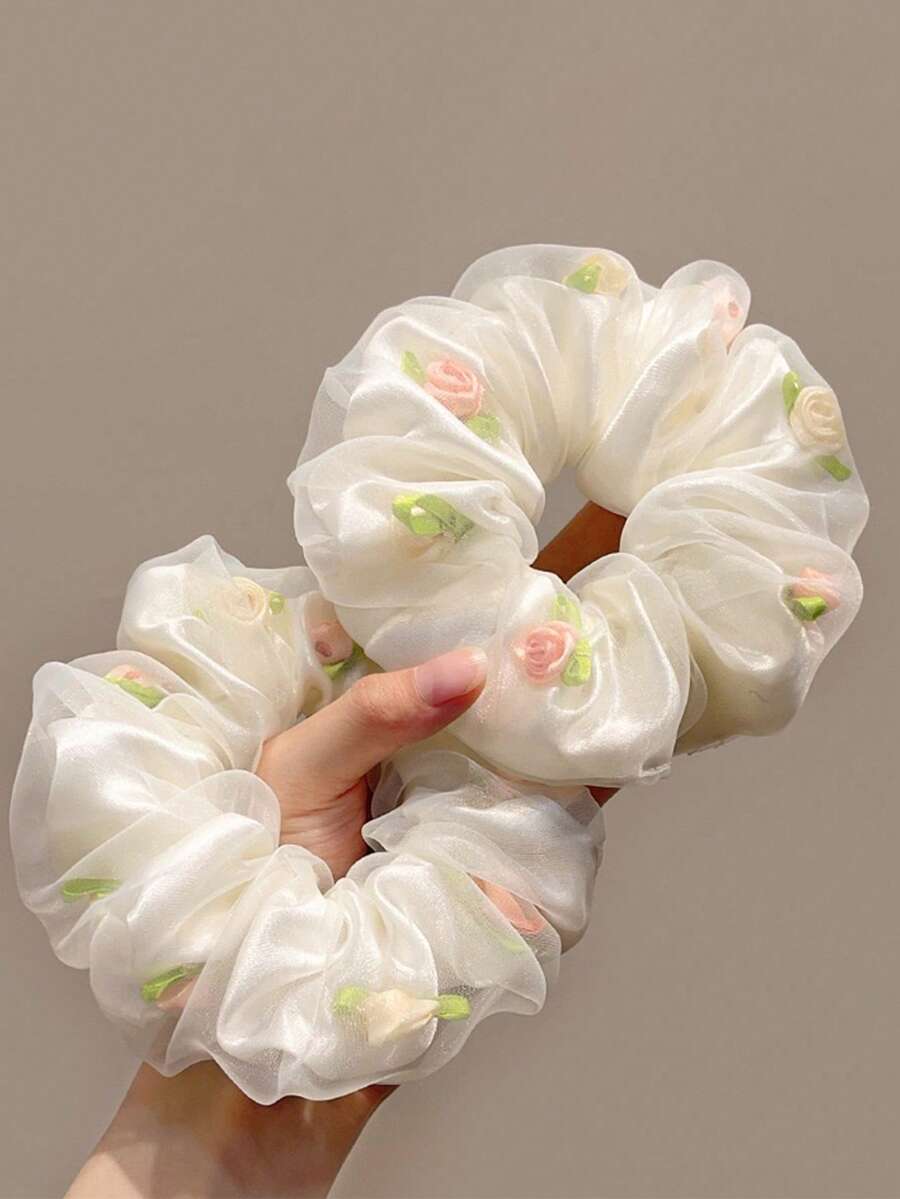 1 件花卉网状发圈，甜美优质发带，适合马尾辫、卷发、发圈、发圈、发圈、卷发配饰 - 白色 - 查看 1