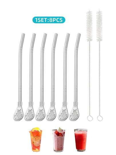 2/3/6pcs Stainless Steel Drinking Straws With Spoon Filtered Head & 1/2/3pcs Cleaning Brush, Suitable For Mate Tea, Floral Tea, Fruit Juice Filtering Residue,Kitchen,Christmas Gift,Reusable Flower Tea Spoon, Yerba Mate Tea Straw, Metal Straw, Coffee Stirrer For Beverage Milk Drinks, Removable Stainless Steel Straw Filter Spoon For Drinking Loose Tea