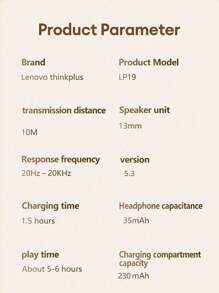 Lenovo Lenovo LP19 Bluetooth Earphones, Half In-Ear Style, Sports HiFi Surround Sound, ENC Low Latency Gaming & Music, Noise Cancelling, High-Definition Calling With Microphone, Super Long Battery Life, Wireless Earbuds For Smartphones & Tablets