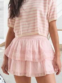 Women Layered Ruffle Shorts Loose Patchwork Lace Solid/Floral Elastic Waist Mini Shorts Casual Summer Streetwear - 粉色 - 查看 5