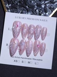 魔法海水母和美人鱼尾巴手绘指甲装饰 100% 手工制作四季指甲法式光泽闪光紫色指甲设计手工指甲 10 片杏仁假指甲可重复使用美甲产品快速使用