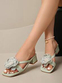 2025 Summer French Thick Heel Pearl Flower Detailing Slide Sandals, Open Toe Versatile Mid-Heel Mules For Women