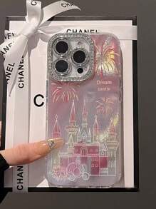 High-Quality Ins-Style Pink Firework Castle Carriage Rhinestone Mirror Phone Case, Compatible With IPhone 16 Pro Max/IPhone 15 Plus/IPhone 14 Plus, Full Coverage Lens Protection For IPhone 11/13 Pro/12 Pro Max