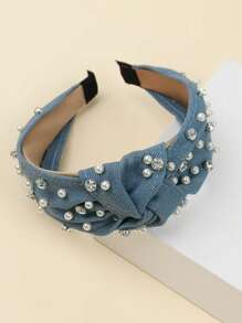 1 buc. Bandă de păr încrustată cu perle pentru femei, stil coreean nou, accesoriu de păr cu nod mijlociu, denim spălat, cerc larg pentru păr