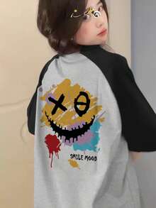 日式纯棉休闲女式圆领拼色卡通印花短袖T恤，百搭春夏季 - 深灰色 - 查看 1