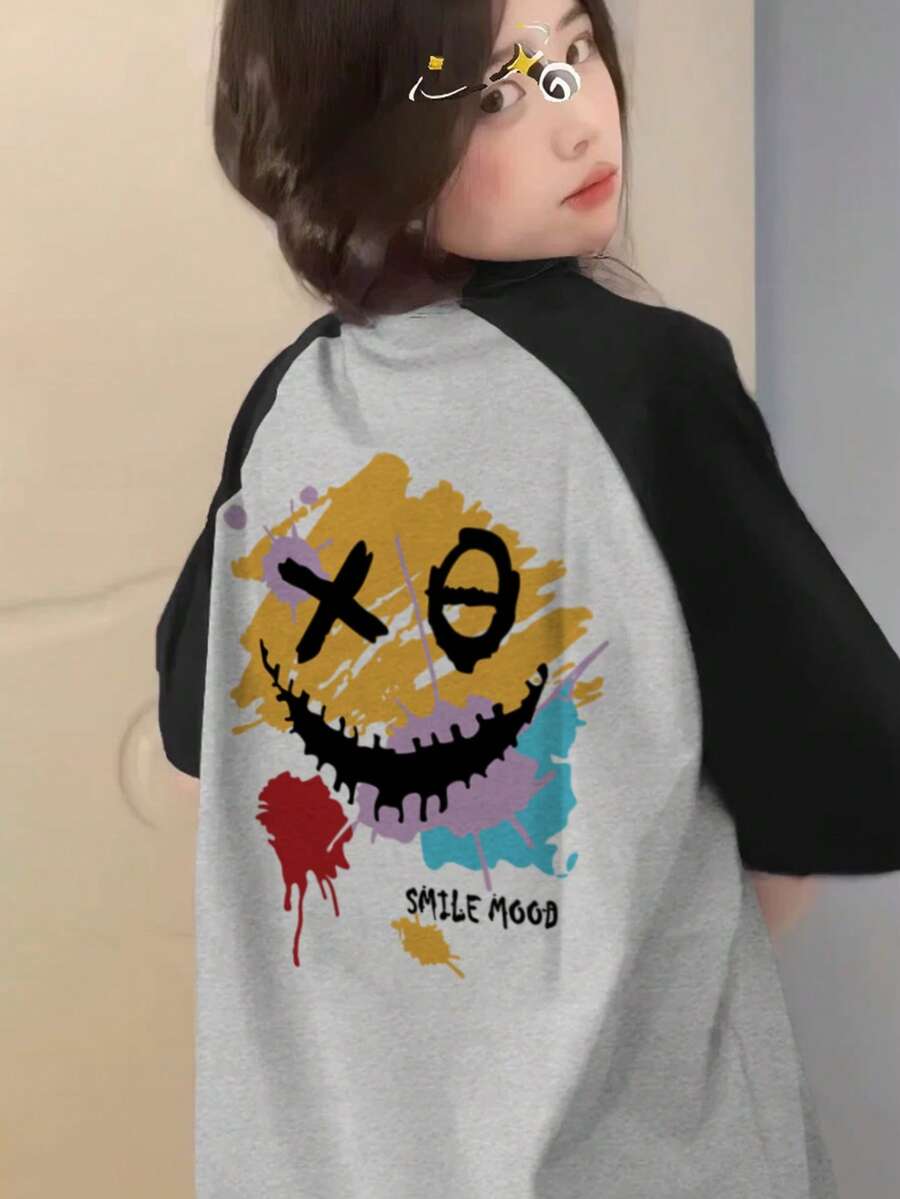 日式纯棉休闲女式圆领拼色卡通印花短袖T恤，百搭春夏季 - 深灰色 - 查看 1