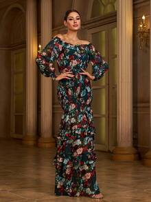 Missord 印花一字肩燈籠袖打褶荷葉邊魚尾裙下擺洋裝 - 彩色 - 查看 4