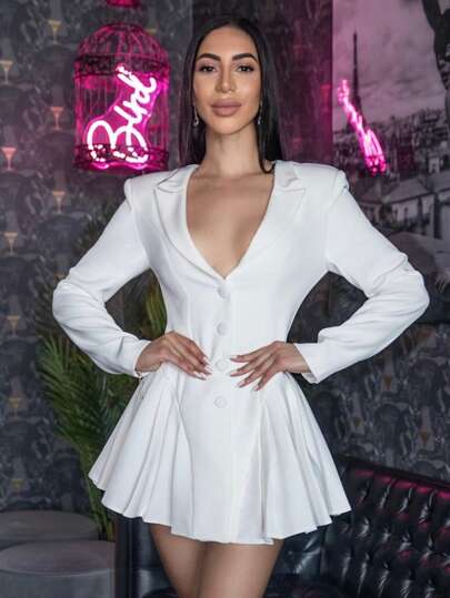 Carolina Barros Vestido elegante de manga larga con cuello en V y botones al frente con pliegues para mujer, blanco, vestido de graduación blanco