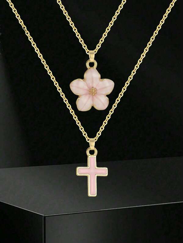 2pcs/Set Teen Girls Sweet Fashion Beautiful Five-Leaf Flower And Cross Pendant Necklace For Summer Beach Party Vacation Holiday Dates Jewelry Accessory For Birthday Gift For Daily Decoration