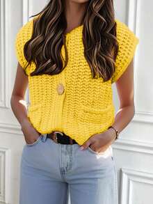 Women's Fashion Sleeveless Short Chunky Knit Cardigan With Solid Buttons And Pockets - Yellow - View 2