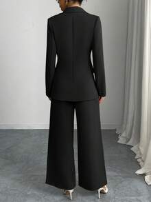 Elegant Solid Color Suit Jacket & Pants Set - Black - View 4