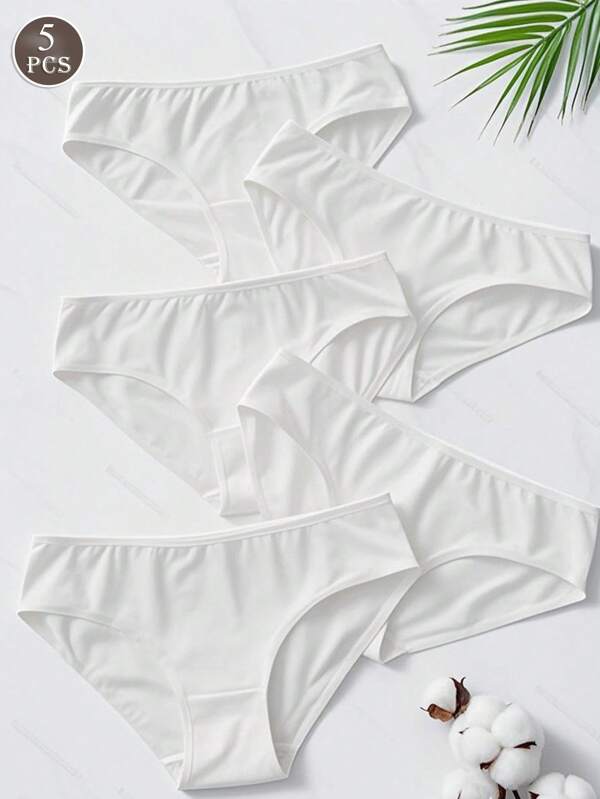 5pcs/Set Casual-Comfortable Minimalist Sports Casual Knitted Fabric Seamless Sleeping High Stretch Solid Color Low Waist Women Underwear, White