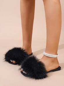 Women Solid Color Party Fashion Cute Faux Fur Splicing Sandals, Holiday School Vacation Party Outdoor Summer - Black - View 4