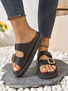 1 par de sandalias bohemias de suela gruesa con hebilla, para playa, resort, exterior, verano, moda, versátil, plataforma tipo chanclas