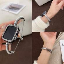 MAPUCE 1pc Compatible With Apple Watch Band, Fashionable Copper-Color Metal Double Row Zirconia Pearl Bracelet Smart Watch Band, Compatible With Apple Watch 38/40/41/42/44/45/46/49mm, Compatible With Apple Watch Series Ultra/SE/10/9/8/7/6/5/4/3/2/1, Length Adjustable Without Tools, Gift For Friends - Black - View 2