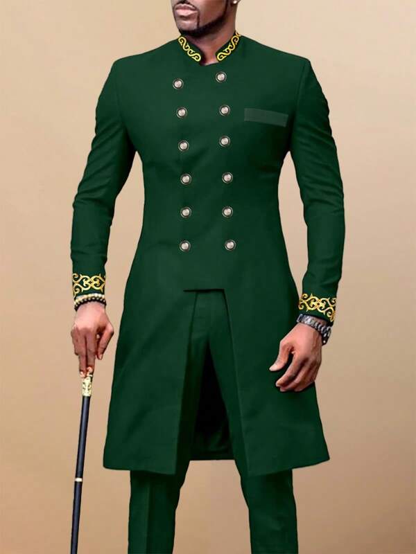 2 Stücke/Set Herren schwarzer Dashiki Doppelreiher Blazer mit Hose, goldene Stickerei, Langarm, Stehkragen, Hose mit elastischem Bund, afrikanische Kleidung, Herren Lässig Hemd und Hose Set, Neues Design für alle Jahreszeiten, geeignet für Partys, Galas, Hochzeiten, Kulturveranstaltungen, traditionelle Zeremonien