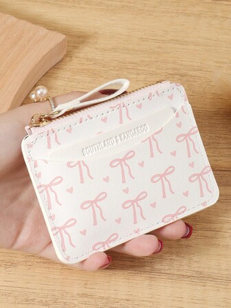 Pink Bow Love Pattern Zipper Small Wallet Coin Pocket Small Purse Bifold Slim Women Wallet MiniThin,Lightweight,Multi Layer Portable,ID Card,Money Credit Card Minimalist,Fashion,Modern,Business,For Anniversary,For Birthday Gift,For Gift,For Girls,For Lady,For Female,Bag School Supplies For School Dorm Room & Back To School