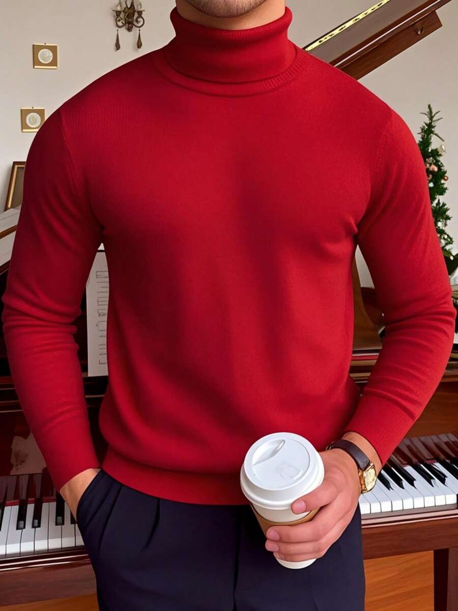 Men's Solid Color Long Sleeve Casual Fitted Turtleneck Sweater - Red - View 1