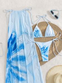 女士三件套夏季套装：吊带印花半身裙和比基尼泳衣，度假必备 - 彩色 - 查看 2