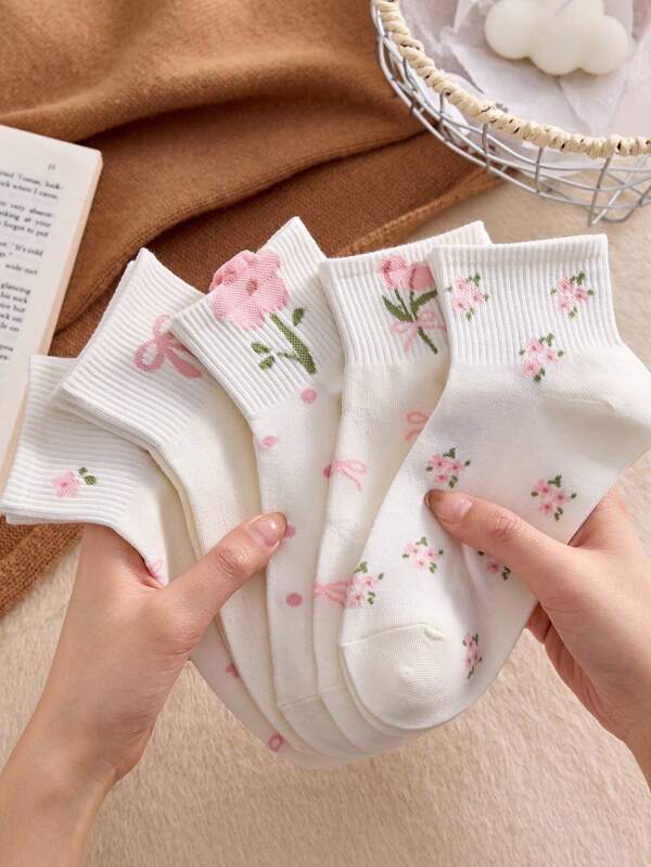5 Pairs Of Women Cute Bow & Floral Pattern Mid-Calf Socks, Fashionable & Comfortable For Daily Wear, Sports, Casual, Suitable For Spring, Summer, Autumn