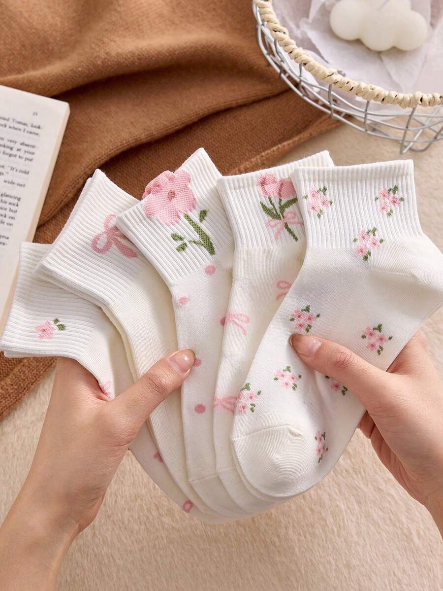 5 Paar Damen süße Schleifen & Blumen Muster Knöchelsocken, modisch & bequem für den täglichen Gebrauch, Sport, Lässig, geeignet für Frühling, Sommer, Herbst - Verschiedenfarbig - Übersicht 1