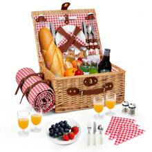 Ensemble de panier de pique-nique en osier pour 4 personnes, panier en osier fait main avec couverture de pique-nique imperméable, compartiment isotherme, assiettes, verres à vin, couverts, panier de pique-nique pour le camping, fête en plein air