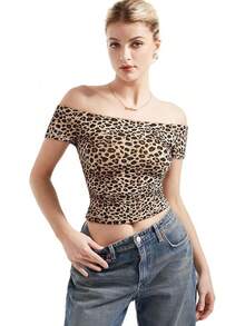 Women Double Lined Off Shoulder Tops Fitted Going Out Basic Shirts - Cheetah - View 2