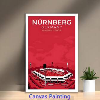 1 st canvastavla med motiv från Nürnberg, Tyskland, fotbollsstadion - Retro ramlös väggkonstposter, vibrerande röd och vit modern minimalistisk inredning för vardagsrum, sovrum, kontor, café, fotbollsrumsdekor