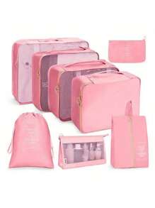 7/8 pièces Ensemble d'organisateur de voyage - Sacs de rangement multifonctionnels, sac à pinceaux de maquillage, sac à cosmétiques, sac à produits de soins de la peau, sac à vêtements, sacs à fermeture éclair, sac fourre-tout, sac à mailles, sac à chaussures, sac à bouteille, sac à cordon, sac général, sac à lingerie, organiseur de bagage, organiseur de bijoux, trousse de toilette. Grande capacité, portable, maille, gain de place, convient au rangement des vêtements, pantalons, sous-vêtements, cosmétiques, articles de toilette, chaussures, nécessités quotidiennes, organisation des voyages