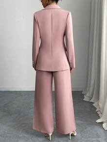 Elegant Single Breasted Notched Lapel Blazer And Wide Leg Pants Suit - Dusty Pink - View 4