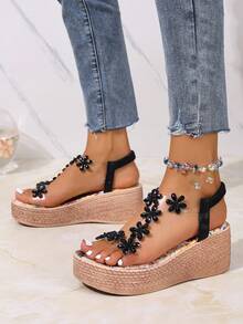 Teens Platform Wedge Sandals, New Summer Girls Clear Crystal Peep Toe Rhinestone Thick Sole Sandals - Black - View 4