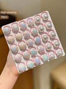 30pcs Faux Pearl Heart & Star Shaped Hair Ties For Girls Student, Suitable For Daily Use