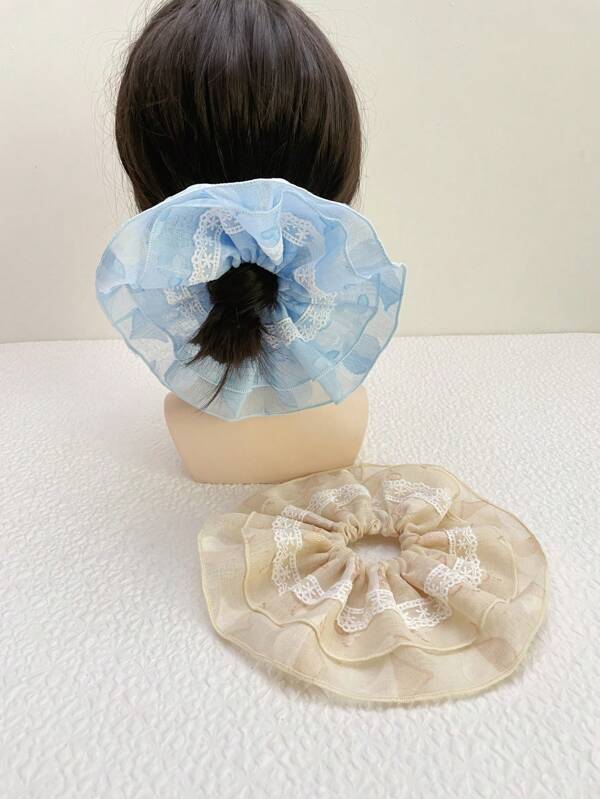 1 Pc Extra Large 24cm Double Layer Lace Scrunchie, Bohemian Style Four-Leaf Clover Print Hair Tie, Blue & Khaki Color Hair Accessory For Women Scrunchies
