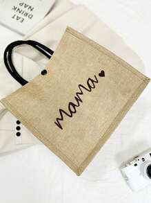Mama "Love Letter Travel Bag, And A Make Up Bag With A Hand Rope,A Professional Makeup Artist Choose It To Solve The Problem Of Messy Cosmetics,Fashionable Letter Pattern Tote Bag, Large Capacity Shoulder Bag, Lightweight, Foldable, Portable Shopping Bag, Suitable For Weddings, Birthdays, Beaches, Holidays, Perfect Gift For Women, Mothers, Teachers, Friends, Bridesmaids, Big Bags, Students, And Back To School