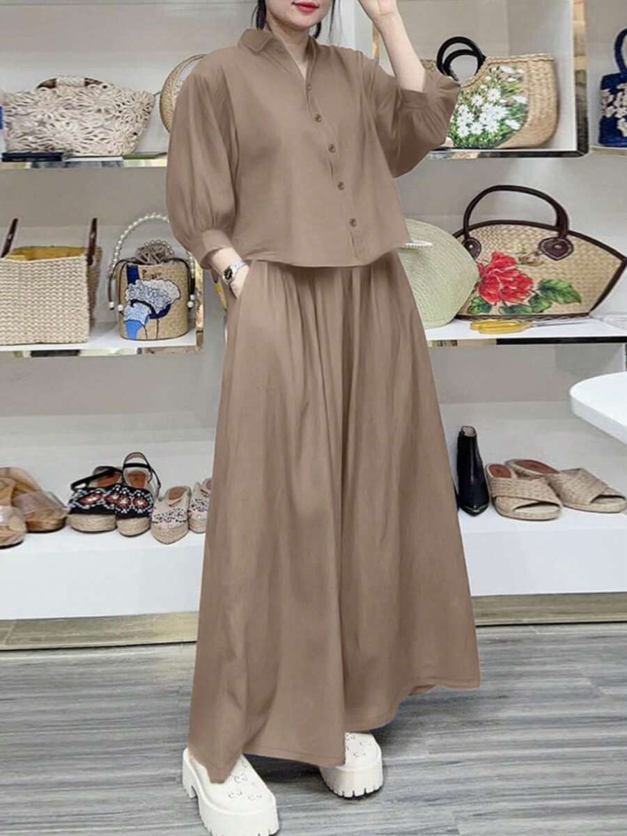 ZANZEA Women Buttons 3/4 Sleeve Blouse Shirt Elastic Waist Wide Leg Trousers Long Pants Casual Loose 2pcs Sets Outfits - Màu Khaki - Xem 1