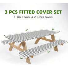 Picnic Table Cover With Bench Cover, Table Cover Suitable For 6-Foot Rectangular Tables, Vinyl Flannel Backing, Elastic Edges - Suitable For Outdoor/Indoor Gatherings And Dining (30x72 Inches, 3-Piece Set, Grey Checkered)