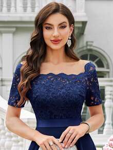 MIUSOL Boat Neck Floral Lace Contrast Color Chiffon Ruffle Hem Evening Party Wedding Guest Maxi Dress - Navy Blue - View 12