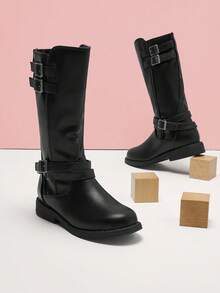 Unisex-Child Black Buckle Knee High Riding Boots - Black - View 2