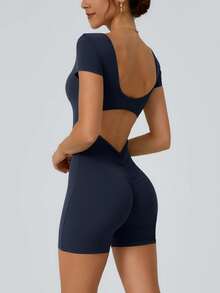 NcmRyu 1pc Women's V-Shaped Butt Lifting Design Running Gym Workout Jumpsuit - Blue - View 2