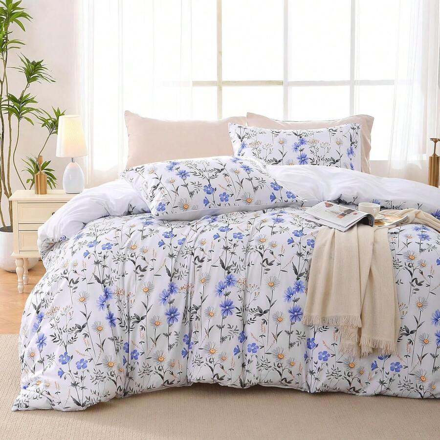 Duvet Cover King Size, Reversible Floral Lavender Duvet Cover Set With Zipper Closure, 3 Pieces Botanical Patterns Soft Microfiber Bedding Set (90"X104", 2 Pillow Cases 20"*36") - 05 - 花藍(無被子) - 查看 1