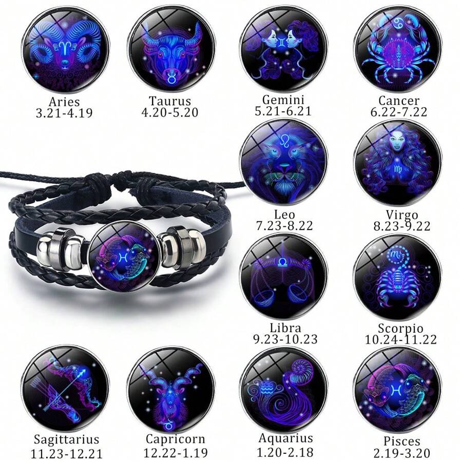 Zodiac Signs Spirit Bracelet Zodiac Bracelet For Women Men Adjustable 12 Constellation Bracelet Multilayer Zodiac Black Leather Bracelets Zodiac Sign Wrap Bracelet For Women Men Birthday Jewelry
