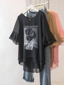 YUXIN 女式黑色透明上衣，半喇叭袖，图案印花宽松 T 恤 - 黑 - 查看 3