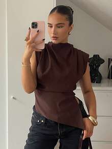 Women Elegant Solid Shoulder Pads Sleeveless Tank Top Office Lady Casual Ruched Asymmetric Zipper Slim T-Shirt Summer - Brown - View 2