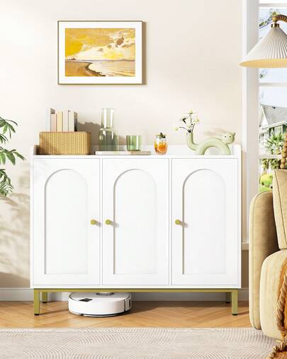 HEXCELEN Komoda, szafka do przechowywania, szafka kuchenna, szafka na naczynia do salonu z 3 drzwiami, regulowane półki, kredens do kuchni i salonu, 30 x 100 x 80,5 cm, biały