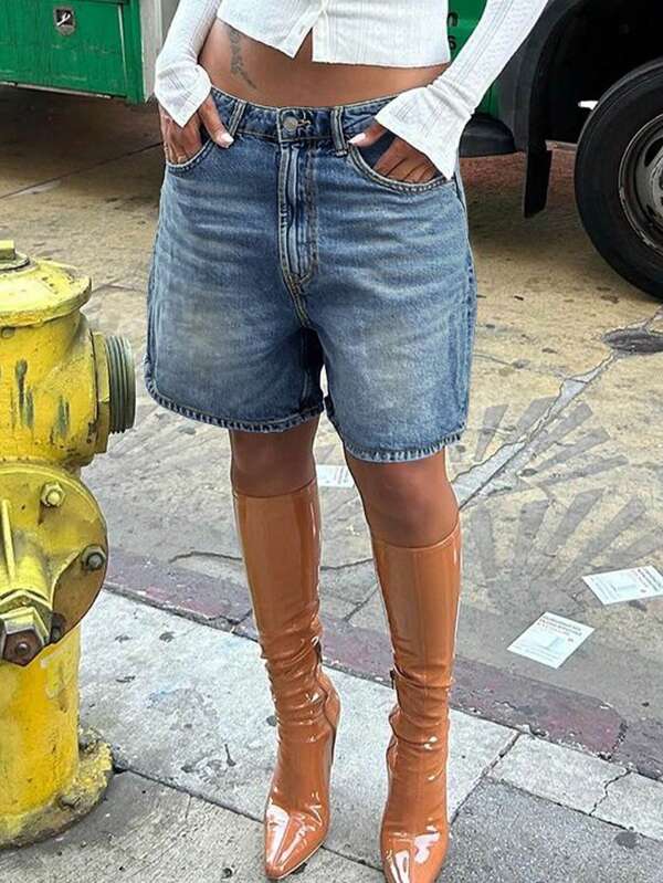 Shorts vaqueros Bermuda de pierna ancha con efecto desgastado, bolsillos en sesgo y marcas de arrugas, estilo vintage Y2K, para uso diario casual y cómodo en vacaciones de verano para mujeres