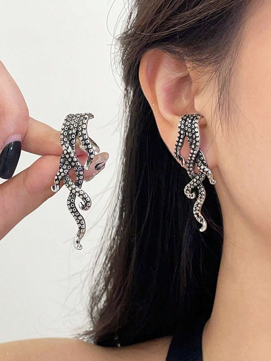 1 对复古风格章鱼触手环形耳环，休闲海洋假日时尚珠宝配饰，适合女士 - 復古銀色 - 查看 1